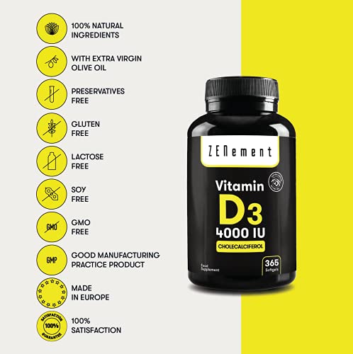 Vitamina D3 4000 UI (Colecalciferol) | 365 Cápsulas, 1 Año de suministro | Huesos, Músculos, Sistema Inmunológico | con Aceite de Oliva Virgen Extra | No-GMO, sin Soja | de Zenement