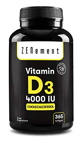 Vitamina D3 4000 UI (Colecalciferol) | 365 Cápsulas, 1 Año de suministro | Huesos, Músculos, Sistema Inmunológico | con Aceite de Oliva Virgen Extra | No-GMO, sin Soja | de Zenement