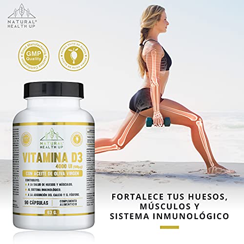 Vitamina D3 con aceite de oliva Natural Health Up – Vit D3 4000 UI alta dosificación para el cuidado de huesos y la absorción de calcio y fósforo – Refuerzo del sistema inmune – 90 cápsulas