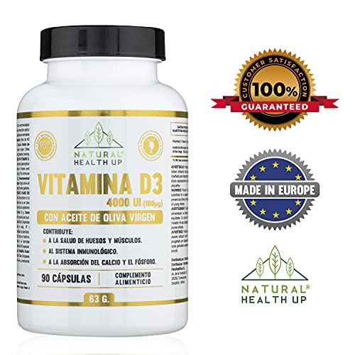 Vitamina D3 con aceite de oliva Natural Health Up – Vit D3 4000 UI alta dosificación para el cuidado de huesos y la absorción de calcio y fósforo – Refuerzo del sistema inmune – 90 cápsulas