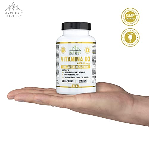 Vitamina D3 con aceite de oliva Natural Health Up – Vit D3 4000 UI alta dosificación para el cuidado de huesos y la absorción de calcio y fósforo – Refuerzo del sistema inmune – 90 cápsulas