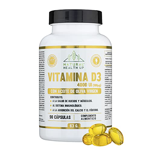 Vitamina D3 con aceite de oliva Natural Health Up – Vit D3 4000 UI alta dosificación para el cuidado de huesos y la absorción de calcio y fósforo – Refuerzo del sistema inmune – 90 cápsulas