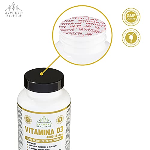 Vitamina D3 con aceite de oliva Natural Health Up – Vit D3 4000 UI alta dosificación para el cuidado de huesos y la absorción de calcio y fósforo – Refuerzo del sistema inmune – 90 cápsulas