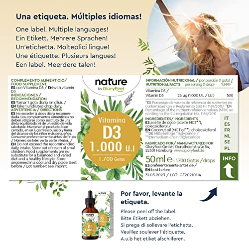 Vitamina D3 en gotas - 5.000 U.I. por 5 gotas - 50ml (1700 gotas) - Alta dosificación y alta bioactividad - En aceite de MCT de coco - Sin aditivos - Producido en Alemania