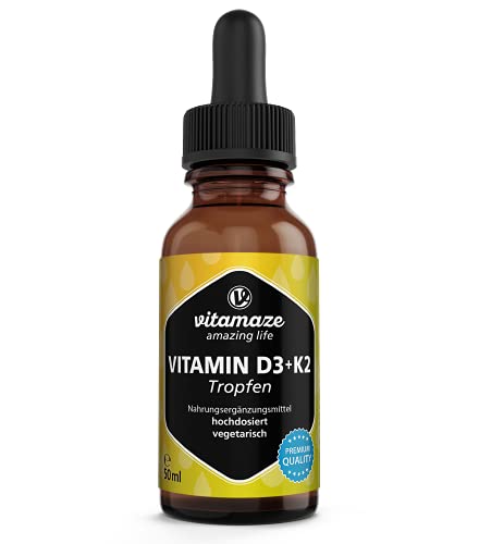Vitamina D3 + K2 Gotas de alta Dosis, Vegetariana y Líquida (más del 99,7% All-Trans MK-7), 50 ml (1700 Gotas), Suplementos sin Aditivos Innecesarios, Alta Biodisponibilidad