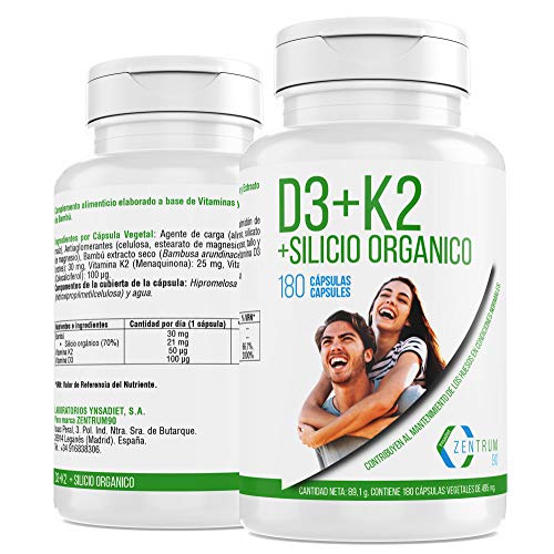 Vitamina D3, vitamina K2 y silicio orgánico para el mantenimiento de unos huesos fuertes – Vit D3 y Vit K2 para la correcta absorción y distribución del calcio en nuestro organismo – 180 cápsulas