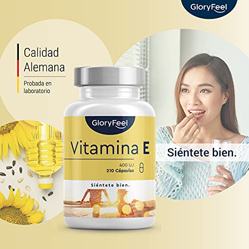 Vitamina E Natural 400 UI - 210 Cápsulas (Suministro para 7 meses) - Extraído naturalmente del Girasol (D-Alfa-Tocoferol) - Potente antioxidante, Antiedad y Protege las celulas del estres oxidativo