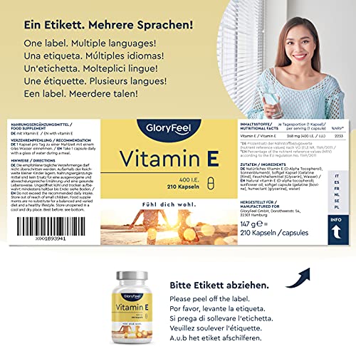 Vitamina E Natural 400 UI - 210 Cápsulas (Suministro para 7 meses) - Extraído naturalmente del Girasol (D-Alfa-Tocoferol) - Potente antioxidante, Antiedad y Protege las celulas del estres oxidativo