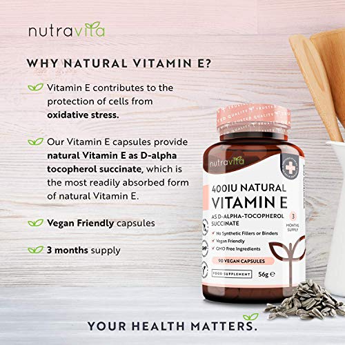 Vitamina E Natural 400 UI (D-Alfa-Tocoferol) - 90 Cápsulas Veganas - Altamente Absorbible - Suministro Para 3 Meses - Protege Las Células Del Estrés Oxidativo