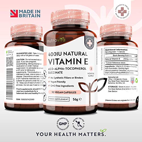 Vitamina E Natural 400 UI (D-Alfa-Tocoferol) - 90 Cápsulas Veganas - Altamente Absorbible - Suministro Para 3 Meses - Protege Las Células Del Estrés Oxidativo
