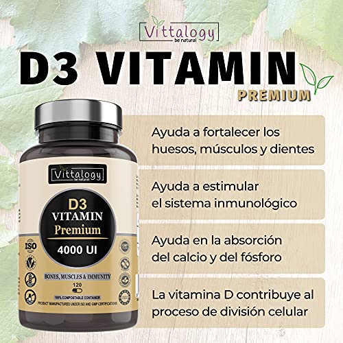 Vittalogy D3 Vitamin Premium. Suplemento Natural De Vitamina D3 4000 Ui Que Contribuye A La Absorción Intestinal De Calcio Y Fósforo Y Estimula El Sistema Inmunológico.120 Cápsulas.