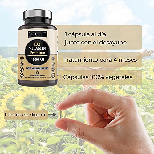 Vittalogy D3 Vitamin Premium. Suplemento Natural De Vitamina D3 4000 Ui Que Contribuye A La Absorción Intestinal De Calcio Y Fósforo Y Estimula El Sistema Inmunológico.120 Cápsulas.