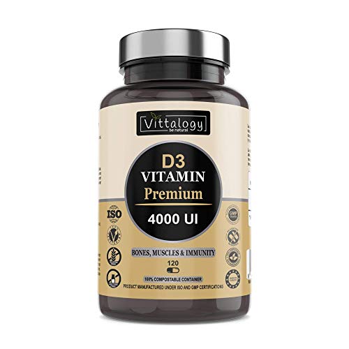 Vittalogy D3 Vitamin Premium. Suplemento Natural De Vitamina D3 4000 Ui Que Contribuye A La Absorción Intestinal De Calcio Y Fósforo Y Estimula El Sistema Inmunológico.120 Cápsulas.