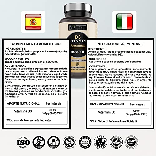 Vittalogy D3 Vitamin Premium. Suplemento Natural De Vitamina D3 4000 Ui Que Contribuye A La Absorción Intestinal De Calcio Y Fósforo Y Estimula El Sistema Inmunológico.120 Cápsulas.