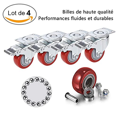 Voluker Set de 4 Ruedas Giratorias con Freno,75mm Ruedas para muebles,Ruedas Pivotantes, Carga de 400 KG,Rojo