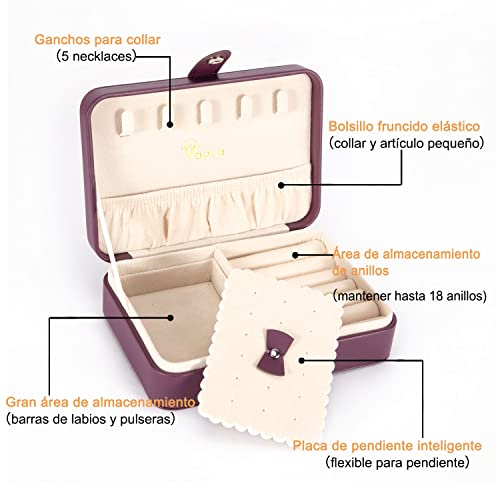 VOOVA Joyero Pequeño , Joyeros Mujer Organizador de PU Cuero,Joyero Portátil de Viaje Con Placa de Oreja Extraíble,para Anillos Pendientes Pulseras y Collares(Morado)…