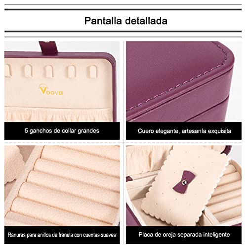 VOOVA Joyero Pequeño , Joyeros Mujer Organizador de PU Cuero,Joyero Portátil de Viaje Con Placa de Oreja Extraíble,para Anillos Pendientes Pulseras y Collares(Morado)…