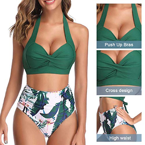 Voqeen Bikini Mujer Traje de Baño Retro con Halter Cuello Relleno Sujetador Push Up Braguitas de Cintura Alta con Pliegues BañAdores Ropa de Playas (Verde, S)