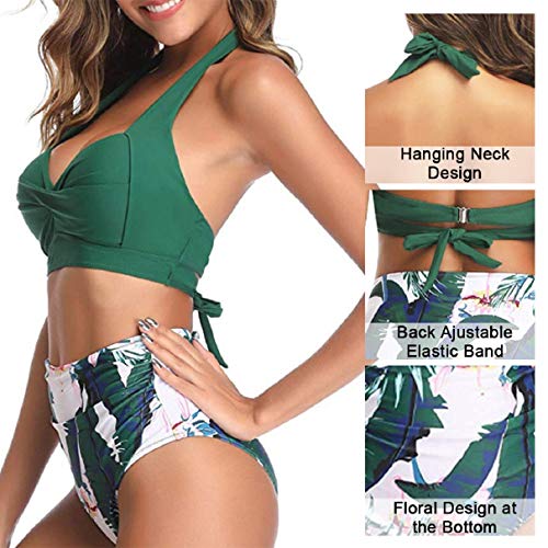 Voqeen Bikini Mujer Traje de Baño Retro con Halter Cuello Relleno Sujetador Push Up Braguitas de Cintura Alta con Pliegues BañAdores Ropa de Playas (Verde, S)