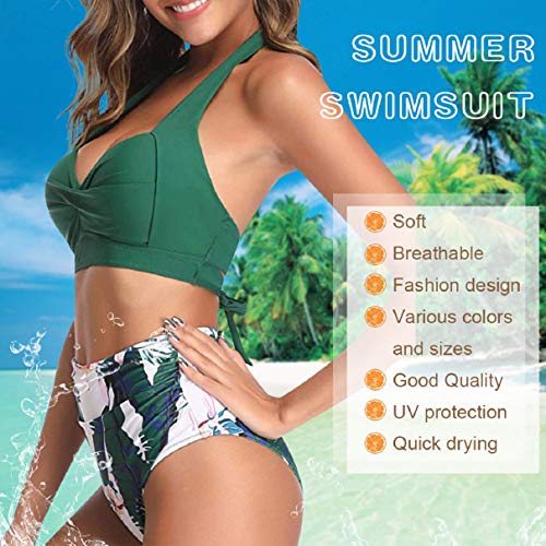 Voqeen Bikini Mujer Traje de Baño Retro con Halter Cuello Relleno Sujetador Push Up Braguitas de Cintura Alta con Pliegues BañAdores Ropa de Playas (Verde, S)