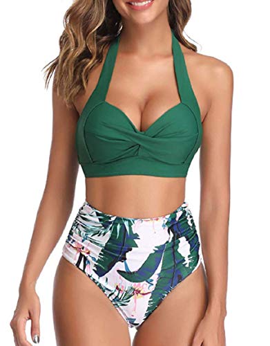 Voqeen Bikini Mujer Traje de Baño Retro con Halter Cuello Relleno Sujetador Push Up Braguitas de Cintura Alta con Pliegues BañAdores Ropa de Playas (Verde, S)