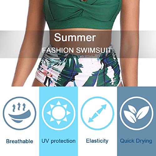 Voqeen Bikini Mujer Traje de Baño Retro con Halter Cuello Relleno Sujetador Push Up Braguitas de Cintura Alta con Pliegues BañAdores Ropa de Playas (Verde, S)