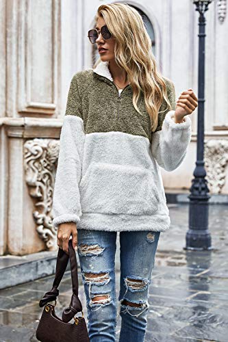 Voqeen Mujer Sudaderas con Teñido Anudado Collar del Soporte Pullover de Vellón Difuso de Manga Larga Jersey de Color de Contraste con Cremallera de 1/4 Abrigo Outwear Tops con Bolsillos