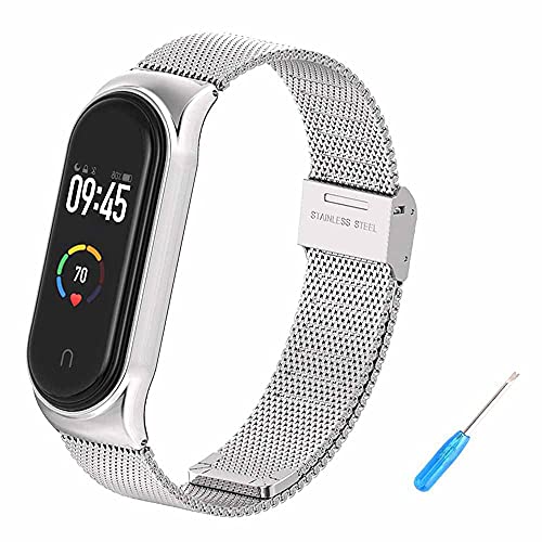 Wanme Metal Correa Compatible para Xiaomi Mi Band 4 Correa Xiaomi Mi Band 3 Correa, Pulsera de Repuesto de Acero Inoxidable Hebilla de Metal para Xiaomi Mi Smart Band 4 (Plata)