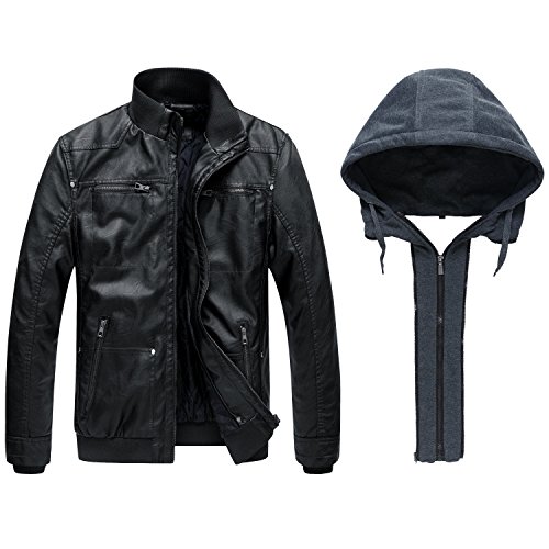 Wantdo Chaqueta de Piel Sintética para Hombre Abrigo Cálido Antiviento Chaqueta de PU Múltiples Bolsillos Retro para Motocicleta Chaqueta de Textura Mate Capucha Desmontable Hombre NegroGruesa XXL