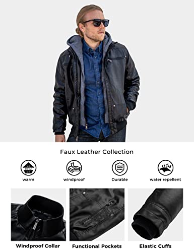 Wantdo Chaqueta de Piel Sintética para Hombre Abrigo Cálido Antiviento Chaqueta de PU Múltiples Bolsillos Retro para Motocicleta Chaqueta de Textura Mate Capucha Desmontable Hombre NegroGruesa XXL