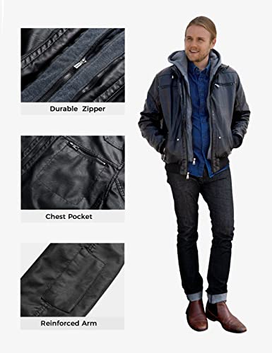 Wantdo Chaqueta de Piel Sintética para Hombre Abrigo Cálido Antiviento Chaqueta de PU Múltiples Bolsillos Retro para Motocicleta Chaqueta de Textura Mate Capucha Desmontable Hombre NegroGruesa XXL