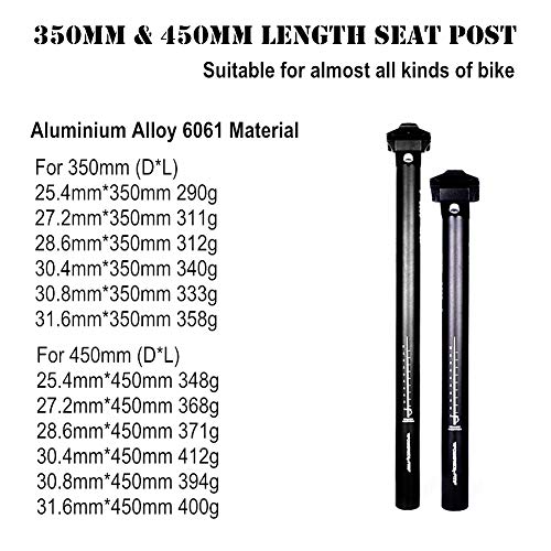 WASAGA Tija de sillín de Bicicleta, Aleación de Aluminio para Bicicleta de 350 mm (13.8 Pulgadas) y 450 mm (17.7 Pulgadas) con Abrazadera de microajuste φ 25.4 27.2 28.6 30.4 30.8 31.6 mm