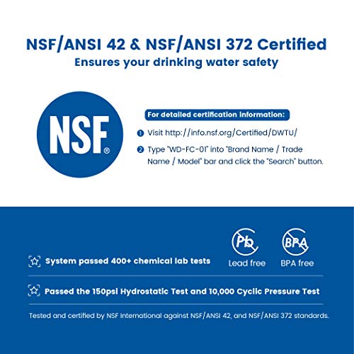 Waterdrop NSF Certificado WD-FC-01 Filtro de Agua, Sistema de Filtración ACF, Purificador de Agua de Cocina de Larga Duración, Reducir el 94.42% de Cloro, Sabor y Olor (1 Filtro Incluido)