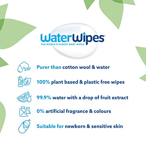 WaterWipes Toallitas de bebé (12 x 60 unidades), las toallitas húmedas más puras para pieles suaves de bebés, toallitas limpiadoras compostables 100% de origen vegetal – 720 toallitas