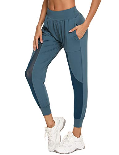 Wayleb Pantalones Deportivos Mujer Verano Secado Rápido Pantalón Chándal con Bolsillos Pantalon Largos Deporte Costura Malla Cintura Elástica Yoga Fitness Jogger,Azul eléctrico,XL