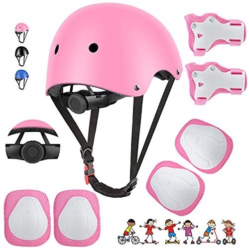 Waysroma Protecciones Patines Niños Conjunto Infantil con Casco Rodilleras y Coderas Ajustables para Bicicleta Skate Patines 4 Ruedas (Rosa)