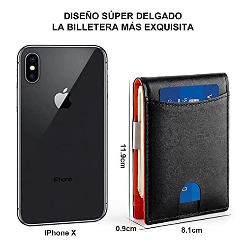 Wdmiya Cartera Hombre con Bloqueo RFID, Billetera para Hombre, Cartera Piel Hombre y Mujer, Cartera Pequeña De Cuero, Carteras para Hombre Joven, Tarjetero Hombre, Regalo para Hombre (Negro+Naranja)