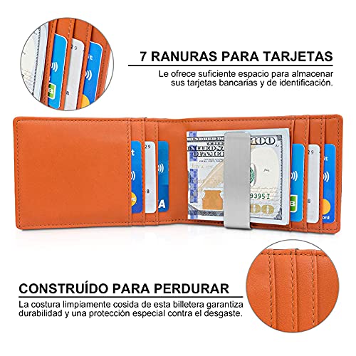 Wdmiya Cartera Hombre con Bloqueo RFID, Billetera para Hombre, Cartera Piel Hombre y Mujer, Cartera Pequeña De Cuero, Carteras para Hombre Joven, Tarjetero Hombre, Regalo para Hombre (Negro+Naranja)