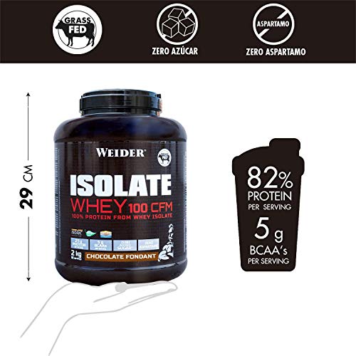 Weider Isolate Whey 100CFM. 100% aislado de proteina de suero. Cero azúcar, cero aspartamo, con stevia, con dygezime, con BCAA, apto para vegetarianos. Isolac. Para dietas keto. 2000 gr Chocolate