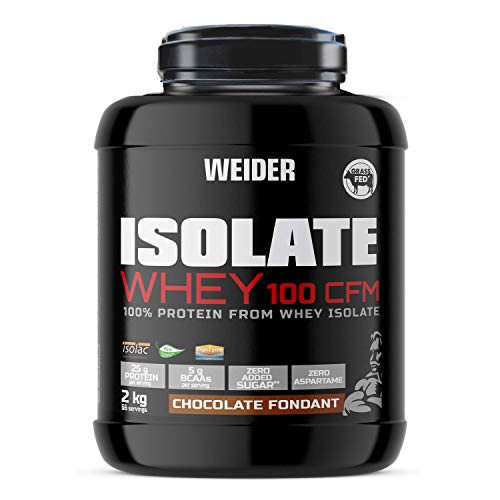 Weider Isolate Whey 100CFM. 100% aislado de proteina de suero. Cero azúcar, cero aspartamo, con stevia, con dygezime, con BCAA, apto para vegetarianos. Isolac. Para dietas keto. 2000 gr Chocolate