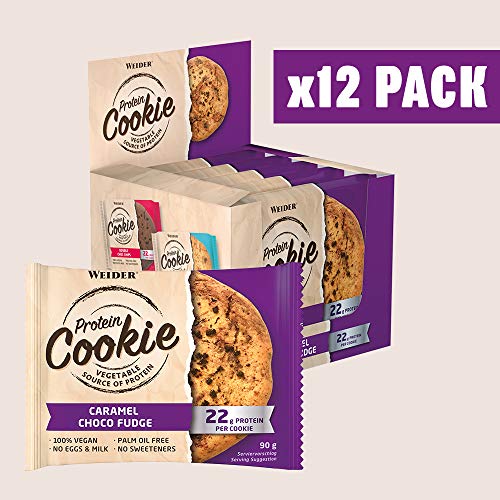 Weider- Protein Cookies- 12 x 90 g. Galleta de proteínas 100% vegana. Caramel Choco Fudge