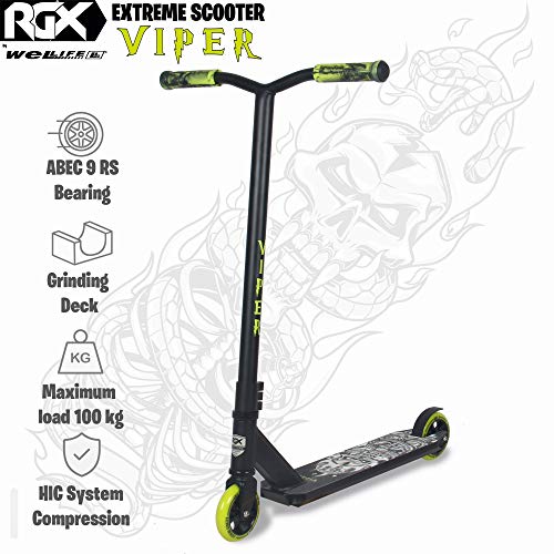 WeLLIFE Patinete Scooter Freestyle Viper Conexión HIC System Ruedas PU 110 Llantas de Aluminio Rodamientos ABEC 9 Rotación 360° Plataforma Reforzada para Adolescentes Adultos