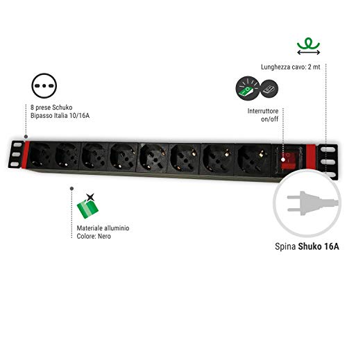 Welly Enjoy wy40051 REGLETA eléctrica para Rack de 19 " con 8 enchufes ITA 10/A y Schuko, clavija Schuko 16 A, Cable de 2 m, interruptor on/Off, Negro