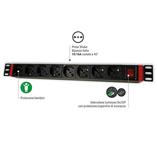 Welly Enjoy wy40051 REGLETA eléctrica para Rack de 19 " con 8 enchufes ITA 10/A y Schuko, clavija Schuko 16 A, Cable de 2 m, interruptor on/Off, Negro