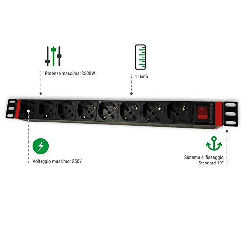 Welly Enjoy wy40051 REGLETA eléctrica para Rack de 19 " con 8 enchufes ITA 10/A y Schuko, clavija Schuko 16 A, Cable de 2 m, interruptor on/Off, Negro