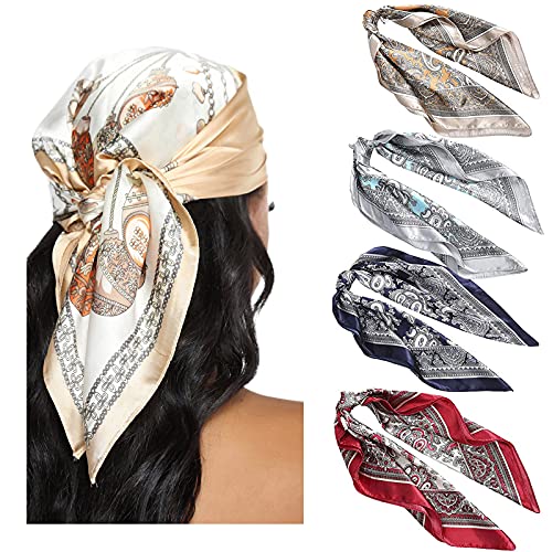 WELROG 4 PCs Pañuelos Cabeza Mujer Bandanas 60 * 60cm Pañuelo de Seda Similar a La Cabeza para Mujer BandanasBufanda de Pelo Manchado Bufanda de Cuello (Serie 7)