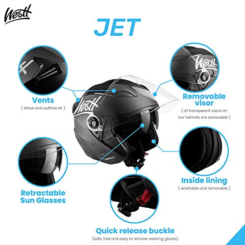 Westt Jet Casco de Moto Abierto Negro Mate con Doble Visera - Motocicleta Scooter - Certificado ECE, M (57-58 cm)