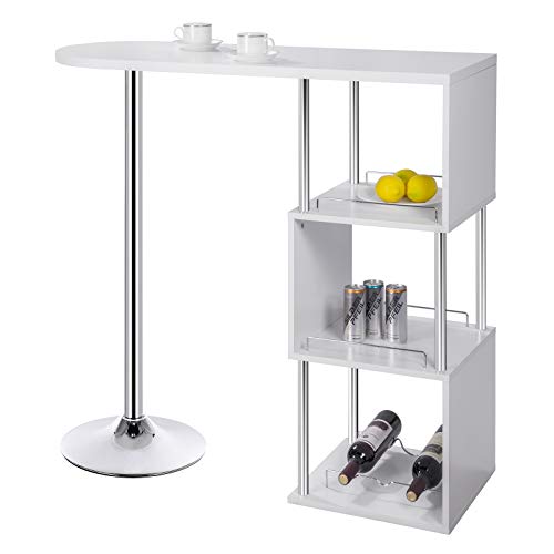 WOLTU Mesa de Bar Mesa de Bistro Mesa de Comedor con Tres Rejillas Estructuras para Vino, Metal, MDF 113x40x105cm(BxTxH) Blanco BT22ws