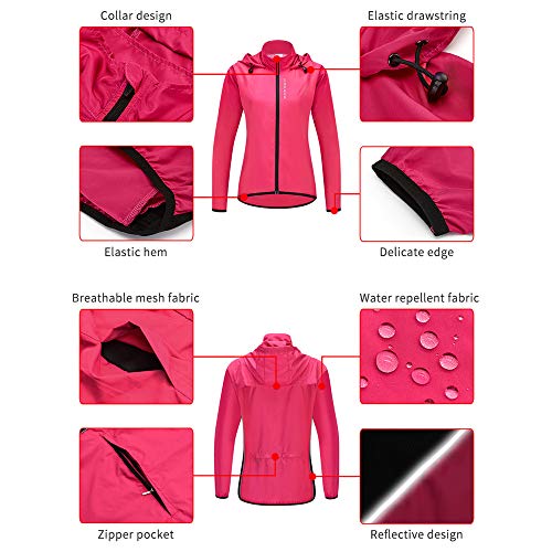 WOSAWE Cortavientos con Capucha para Montar para Mujer Jersey de Ciclismo Ligero Resistente al Viento Impermeable Deportes de Carreras Secado rápido(Rojo M)