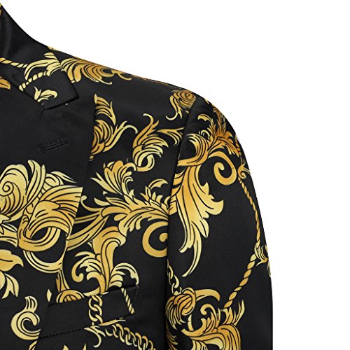 Xposed Hombres Negro Oro Floral Brocado Estampado De Flores Entallado Chaqueta De Traje Casual Chaqueta De Diseñador Italiano Chaqueta, Negro, 60